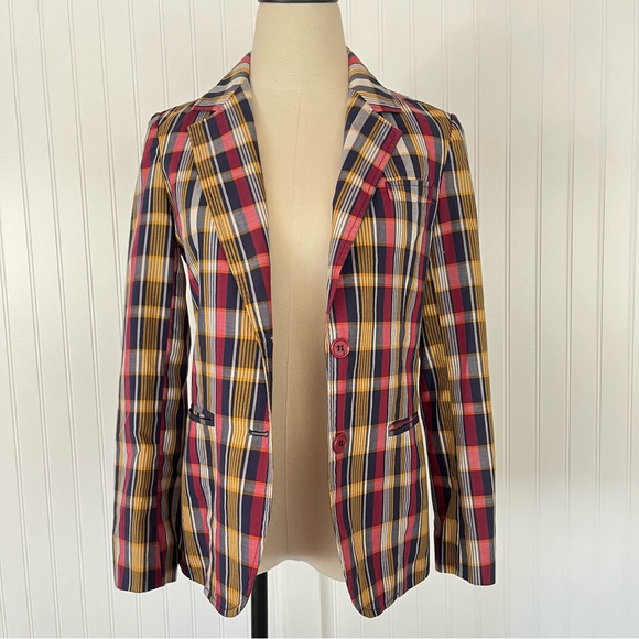 Vintage Plaid Oversized Blazer Light Jacket Red White Blue Yellow Preppy Size 8 - Picture 2 of 10